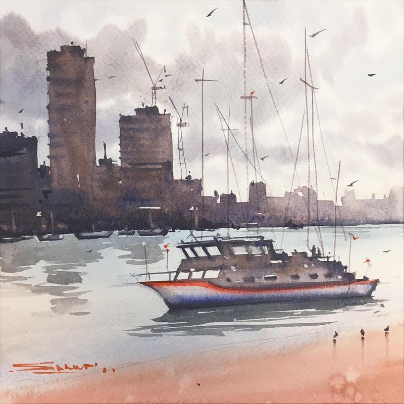 Painting Sailing with birds by Dandapat Swarup | Painting Figurative Watercolor Marine