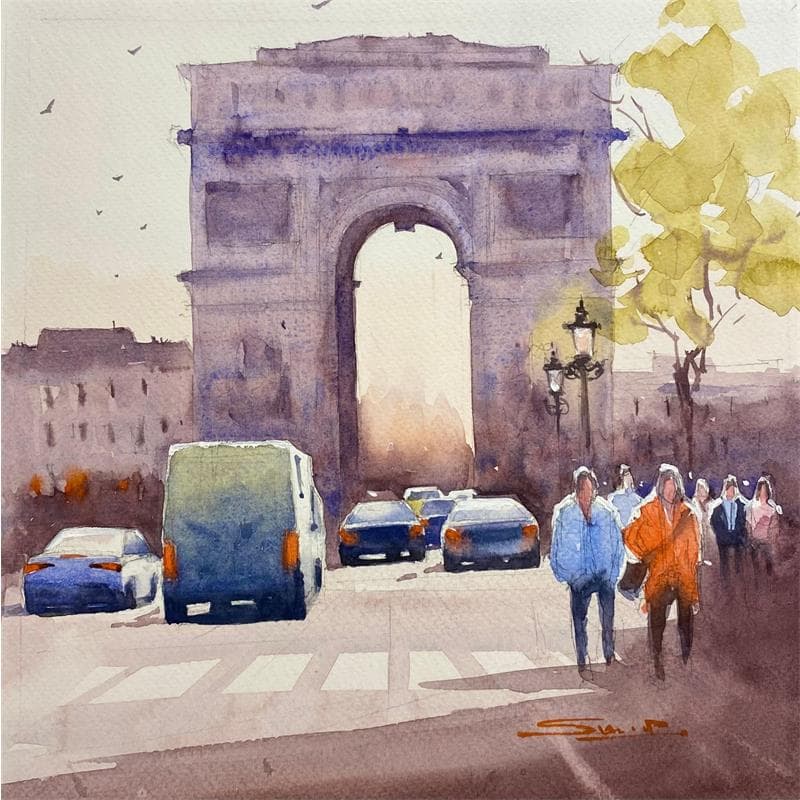 Painting Strolling around Arc de triomphe II by Dandapat Swarup | Painting Figurative Watercolor Landscapes, Life style, Urban
