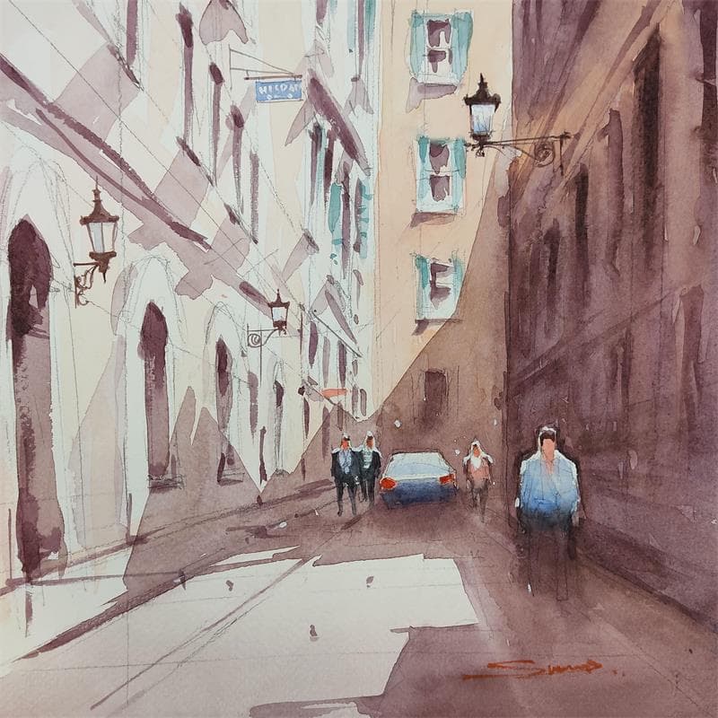Painting Paris alley by Dandapat Swarup | Painting Figurative Urban Watercolor