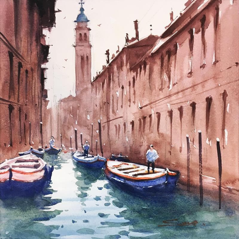 Peinture Boat ride in Venise 2 par Dandapat Swarup | Tableau Figuratif Paysages Urbain Aquarelle
