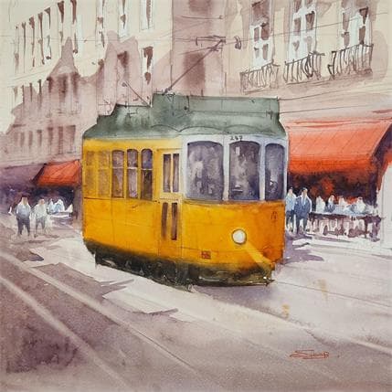 Peinture A Tram Ride par Dandapat Swarup | Tableau Figuratif Aquarelle Urbain