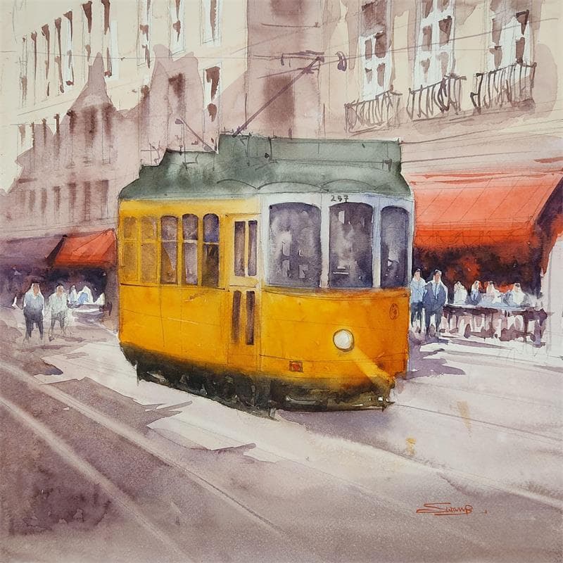 Painting A Tram Ride by Dandapat Swarup | Painting Figurative Watercolor Urban