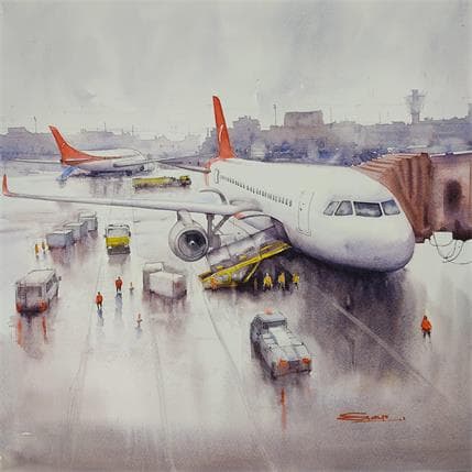 Peinture Airport in the rains par Dandapat Swarup | Tableau Figuratif Aquarelle Scènes de vie