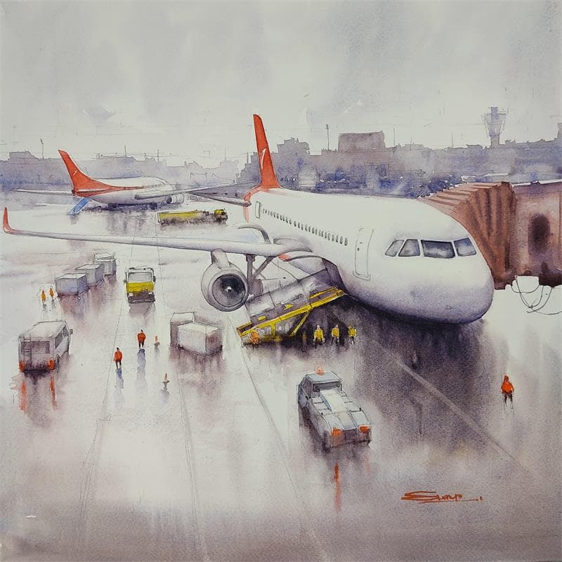 Peinture Airport in the rains par Dandapat Swarup | Tableau Figuratif Scènes de vie Aquarelle