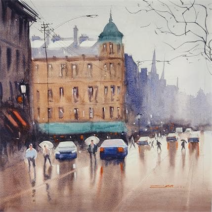 Painting Rain in the city 3 by Dandapat Swarup | Painting Figurative Watercolor Urban