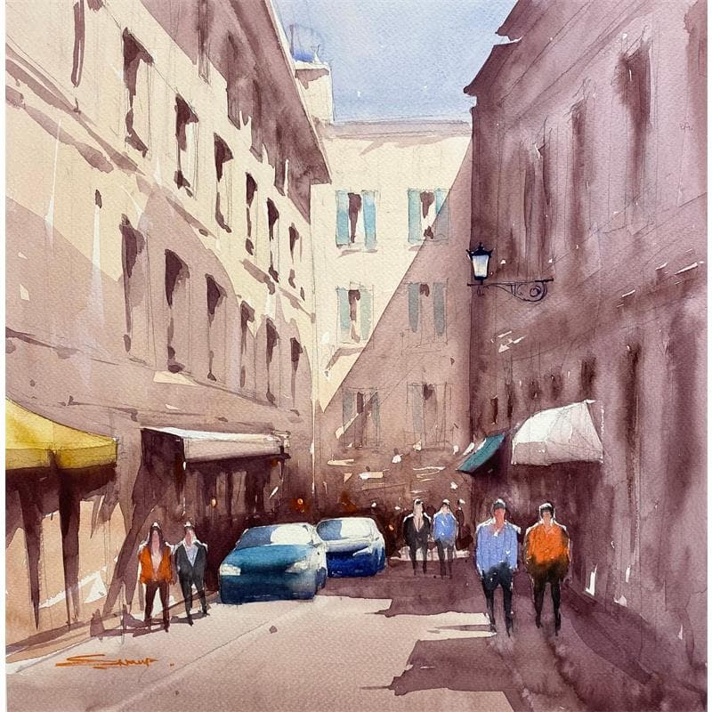 Painting City aley by Dandapat Swarup | Painting Figurative Landscapes Urban Life style Watercolor