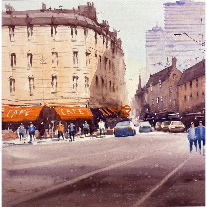 Gemälde Morning coffe von Dandapat Swarup | Gemälde Figurativ Landschaften Urban Alltagsszenen Aquarell