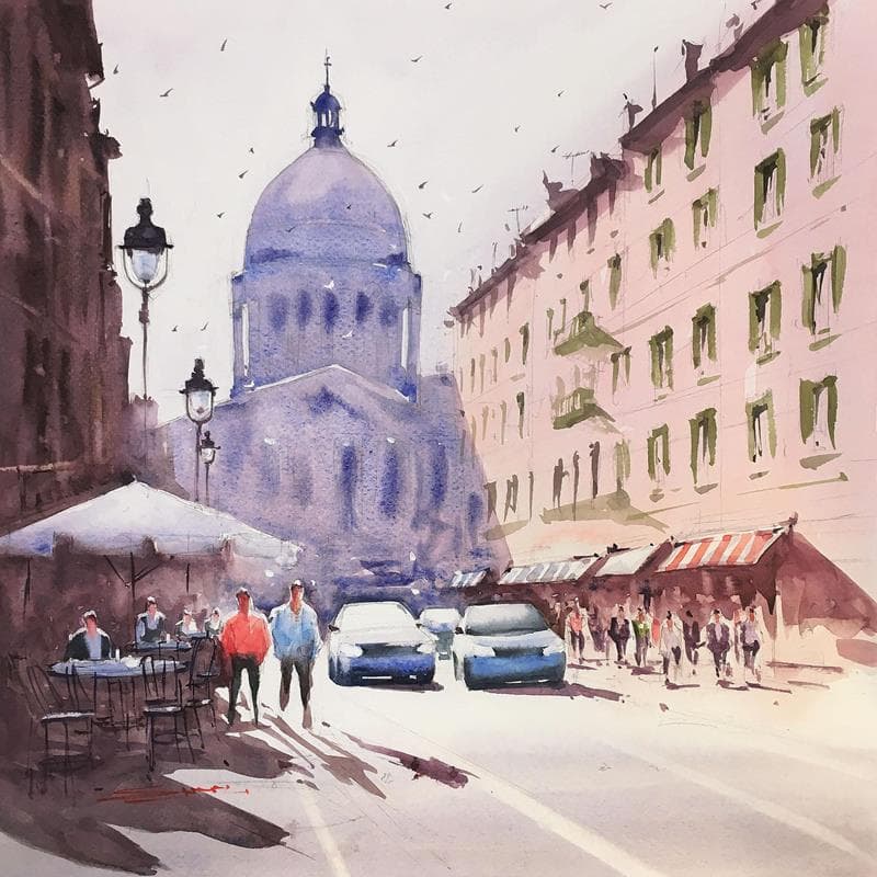 Painting Rue de Soufflot by Dandapat Swarup | Painting Figurative Watercolor Urban