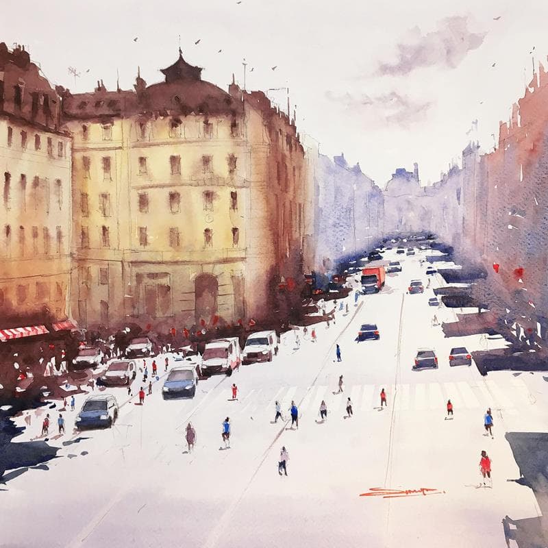 Painting Avenue de l'Opéra II by Dandapat Swarup | Painting Figurative Watercolor Urban