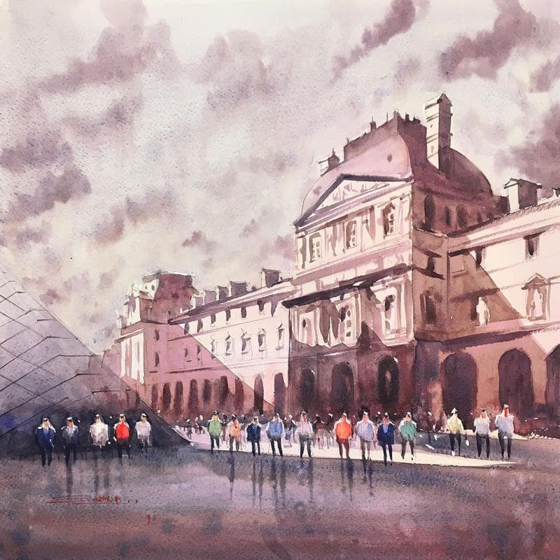 Painting Louvre in the sun by Dandapat Swarup | Painting Figurative Urban Watercolor