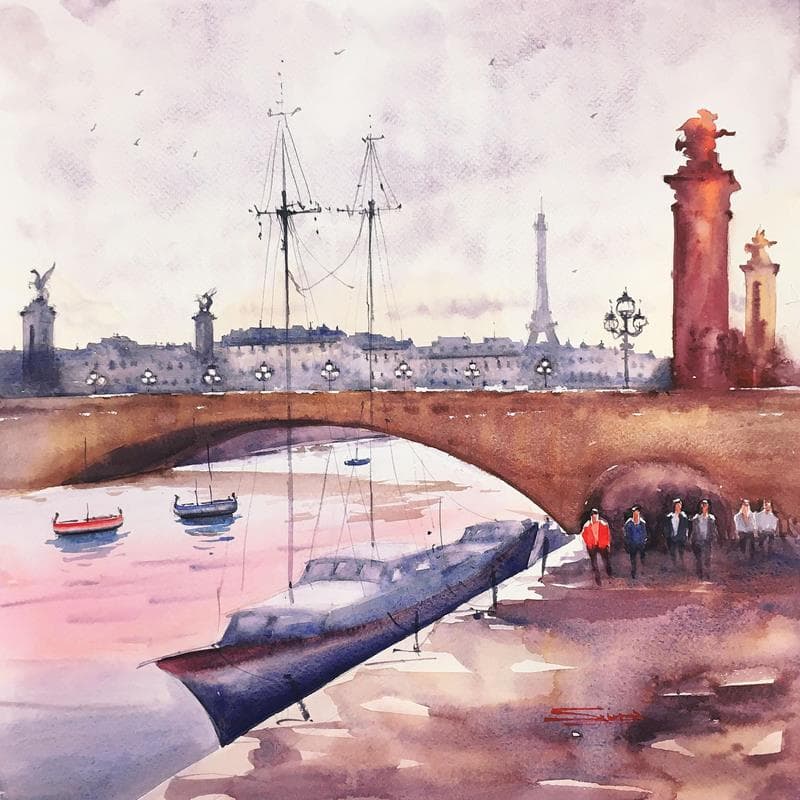 Peinture Pont Alexandre III par Dandapat Swarup | Tableau Figuratif Aquarelle Vues urbaines
