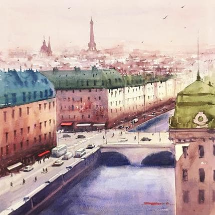 Painting Paris in sunshine by Dandapat Swarup | Painting Figurative Watercolor Urban