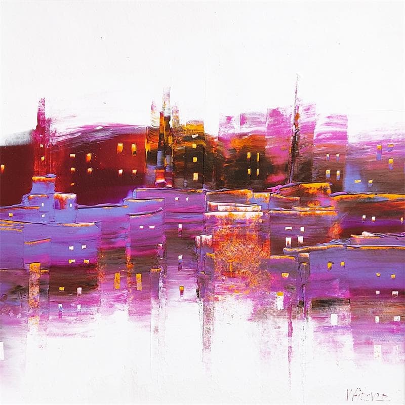 Peinture Vue panoramique en rose par Fièvre Véronique | Tableau Figuratif Acrylique Vues urbaines