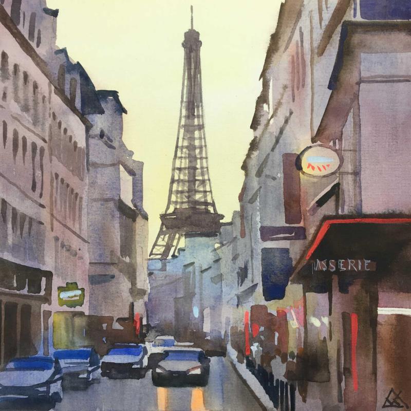 Painting Paris s'éveille by Khodakivskyi Vasily | Painting Figurative Watercolor Urban