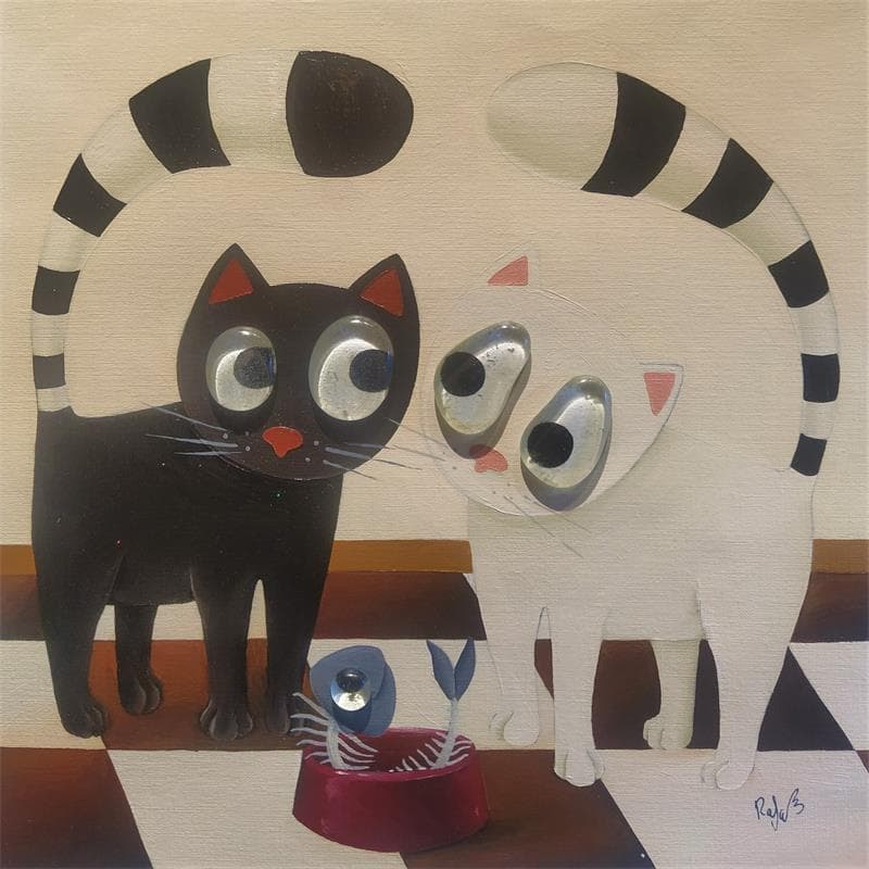 Peinture TWO CATS FOR ONE FISH par Lennoz Raphaële | Tableau  Huile