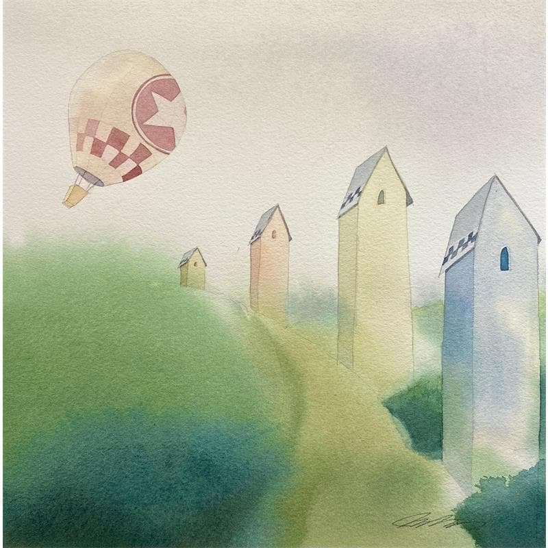 Painting Hot baloon by Masukawa Masako | Painting Naive art Landscapes Watercolor