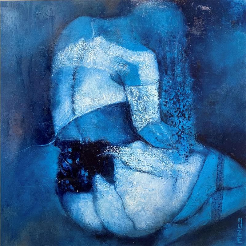 Painting Le bas Bleu by Muze | Painting Figurative Oil Nude