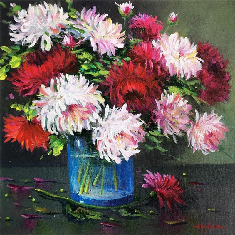 Painting Dalias by Chico Souza | Painting Figurative Still-life Oil