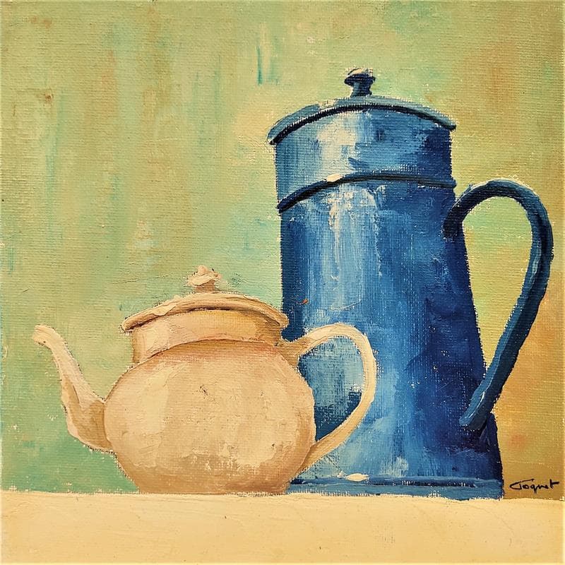 Painting Cafetière bleu by Tognet | Painting Figurative Oil still-life