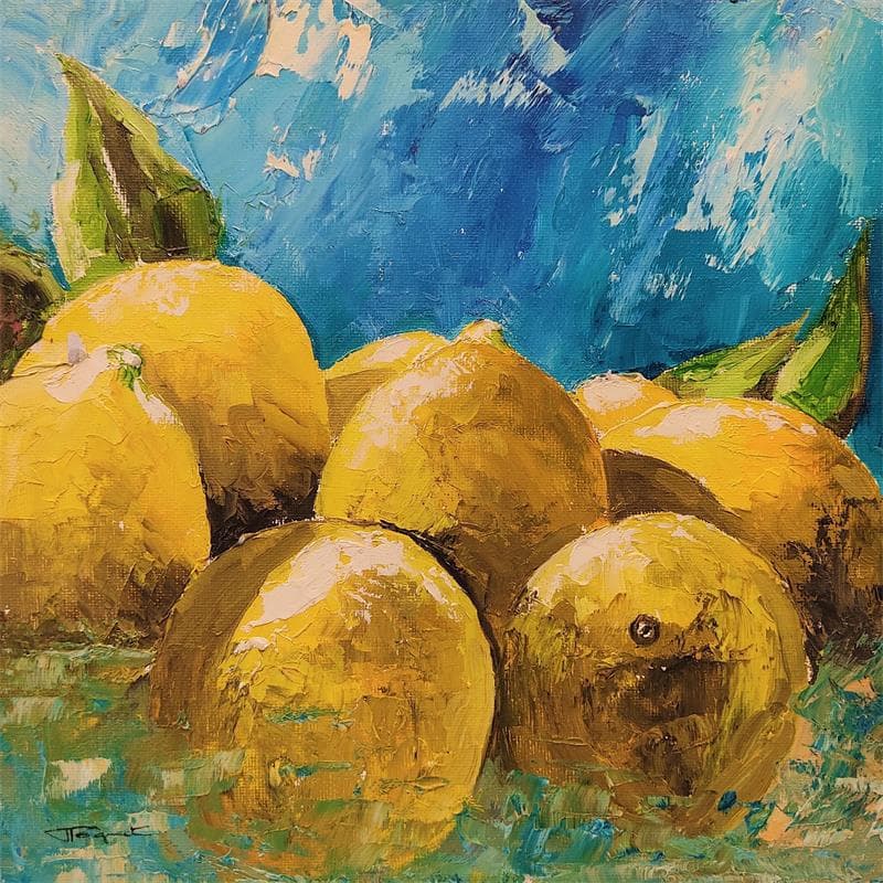 Painting Citron et turquoise by Tognet | Painting Figurative Oil still-life