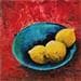 Gemälde Trois citrons sur fond rouge von Tognet | Gemälde Figurativ Stillleben Öl