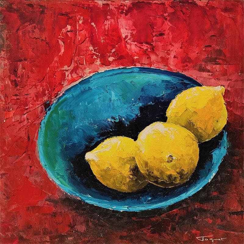 Painting Trois citrons sur fond rouge by Tognet | Painting Figurative Oil still-life