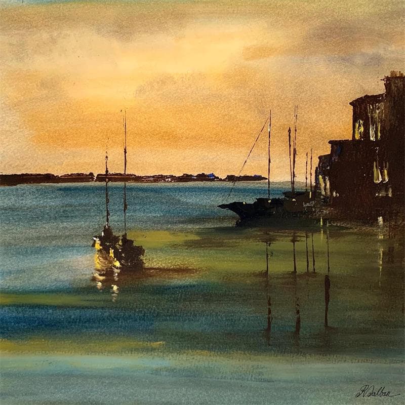 Peinture Nuit dans le port 8 par Dalban Rose | Tableau Art Singulier Huile Paysages