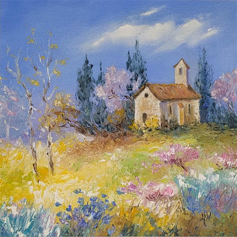 Gemälde Chapelle dans les fleurs von Lyn | Gemälde Figurativ Landschaften Öl