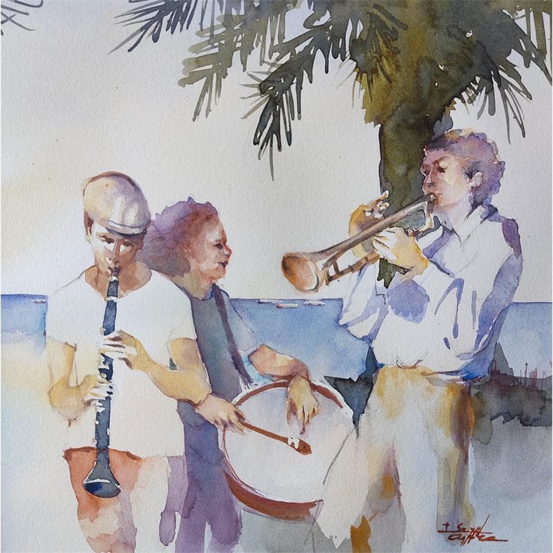 Painting Musique d'été by Seruch Capouillez Isabelle | Painting Figurative Watercolor Life style