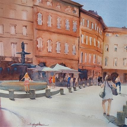 Painting Fontaine by Seruch Capouillez Isabelle | Painting Figurative Watercolor Life style, Urban