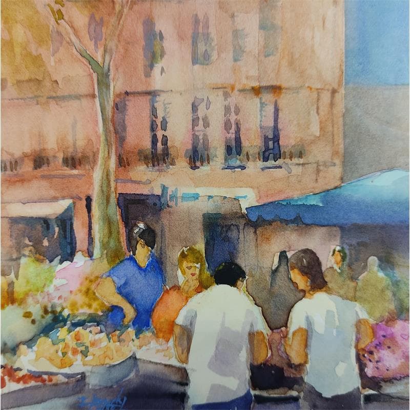 Painting Marché sur les boulevards by Seruch Capouillez Isabelle | Painting Figurative Watercolor Urban Life style
