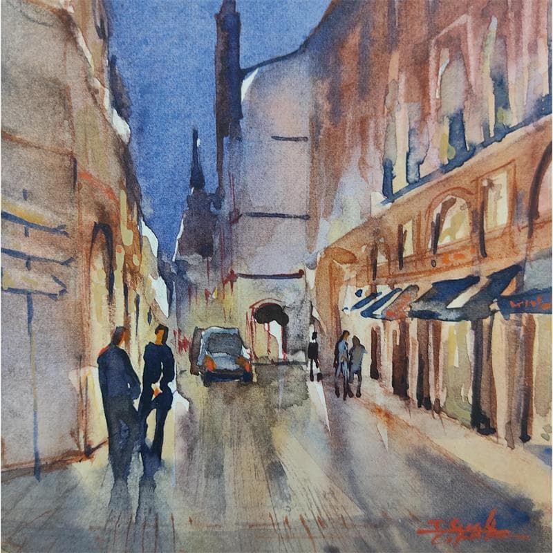 Painting Rue Dutaur by Seruch Capouillez Isabelle | Painting Figurative Watercolor Urban Life style