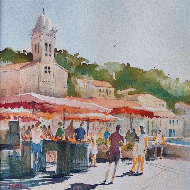 Painting Marché Port-Vendres by Seruch Capouillez Isabelle | Painting Figurative Watercolor Life style, Urban