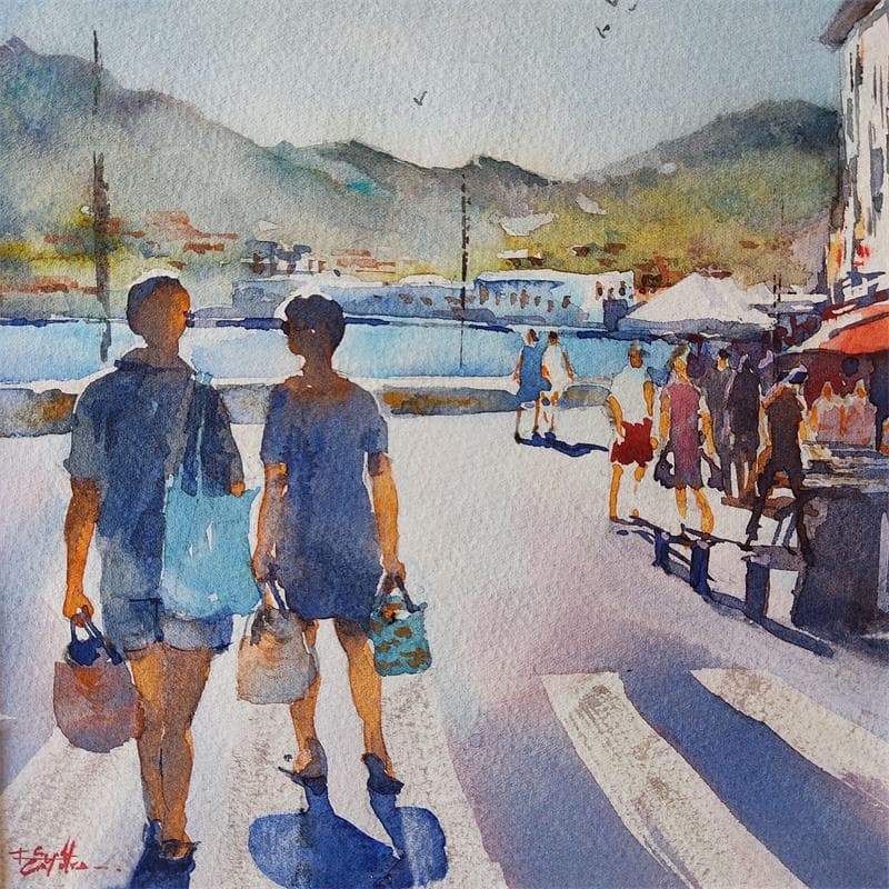 Peinture Samedi à Port-Vendres par Seruch Capouillez Isabelle | Tableau Figuratif Aquarelle scènes de vie