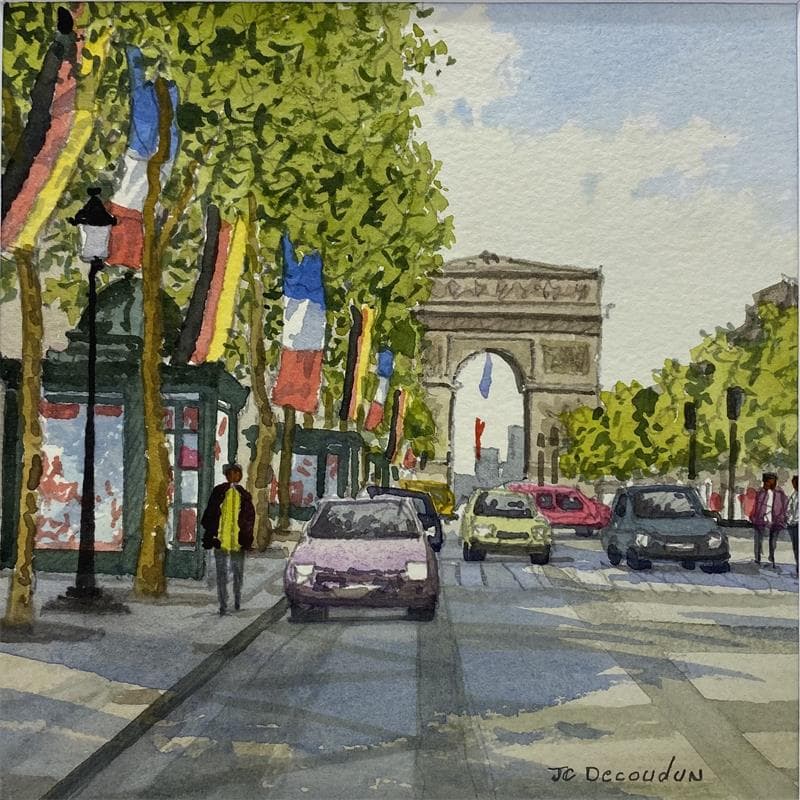 Painting Paris, les Champs-Elysées by Decoudun Jean charles | Painting Figurative Watercolor Urban