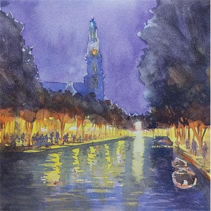 Painting Amsterdam evening by Jones Henry | Painting Figurative Watercolor Urban