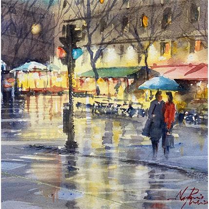 Painting Cinema rain by Rubio Nemesio | Painting Figurative Watercolor Landscapes, Life style, Urban