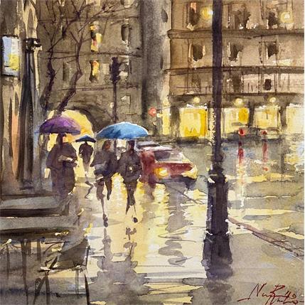Painting Paseantes by Rubio Nemesio | Painting Figurative Watercolor Landscapes, Life style, Urban