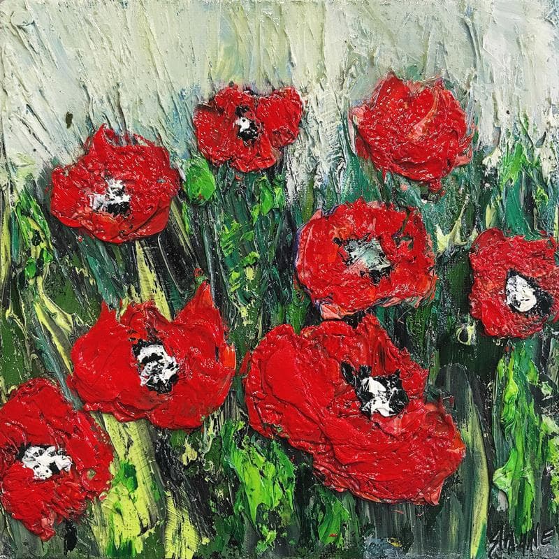 Painting Red coquelicots by Shahine | Painting Figurative Oil still-life