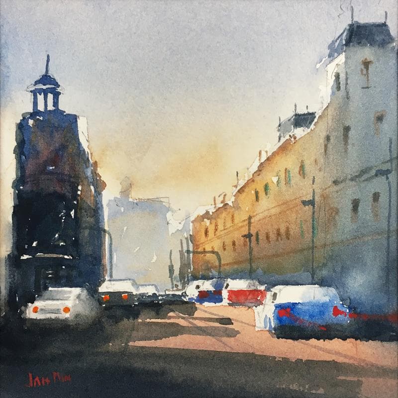 Painting Relaxed day by Min Jan | Painting Figurative Watercolor Urban