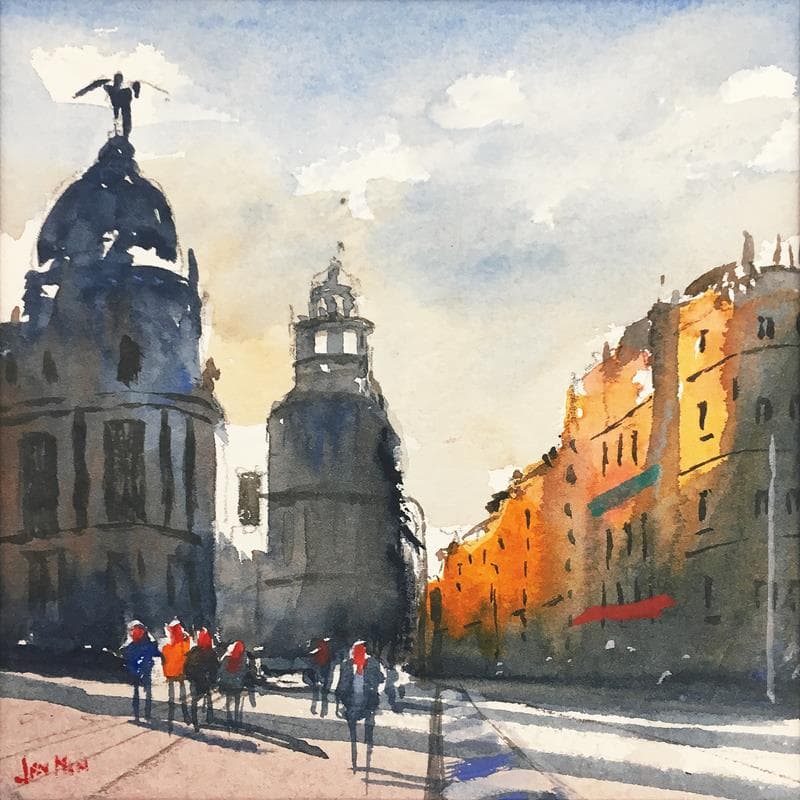 Painting City walk by Min Jan | Painting Figurative Watercolor Urban