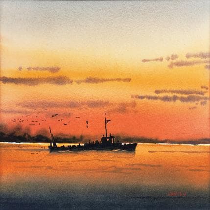 Painting Fishing at sundown by Min Jan | Painting Figurative Watercolor Marine