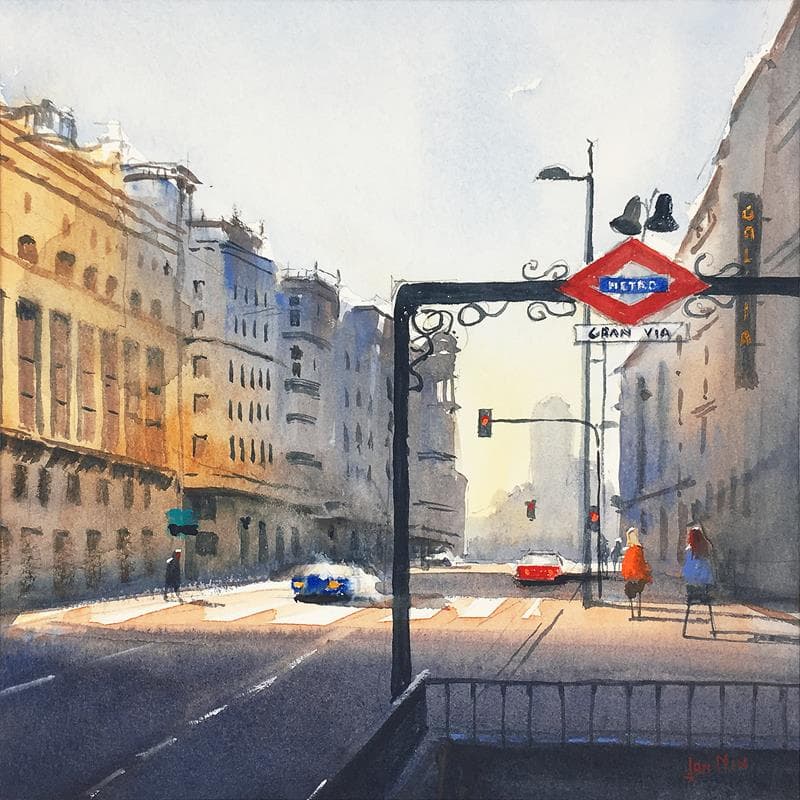 Painting Red car by Min Jan | Painting Figurative Urban Watercolor