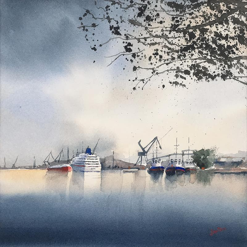 Painting Port de Bordeaux by Min Jan | Painting Figurative Watercolor Marine