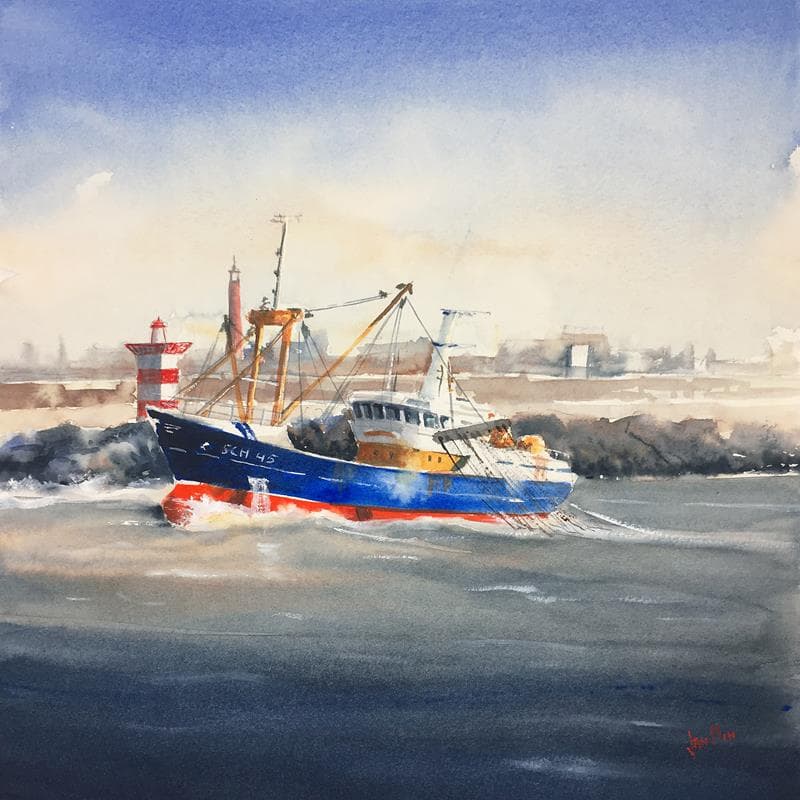 Painting Fishing trawler at Scheveningen by Min Jan | Painting Figurative Watercolor Marine
