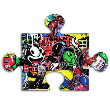 Peinture Félix le chat, Jiminy Cricket, Soup Campbell's par Sgarra | Tableau Pop Art Mixte icones Pop