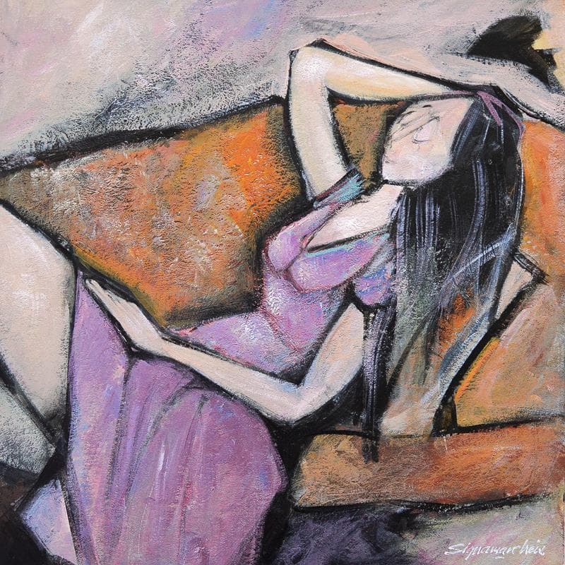 Painting Femme sur canapé by Signamarcheix Bernard | Painting Figurative Mixed Life style