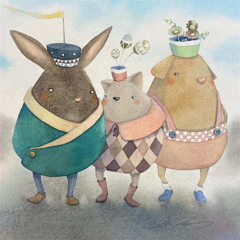 Painting three wise animals by Masukawa Masako | Painting Naive art Life style Watercolor
