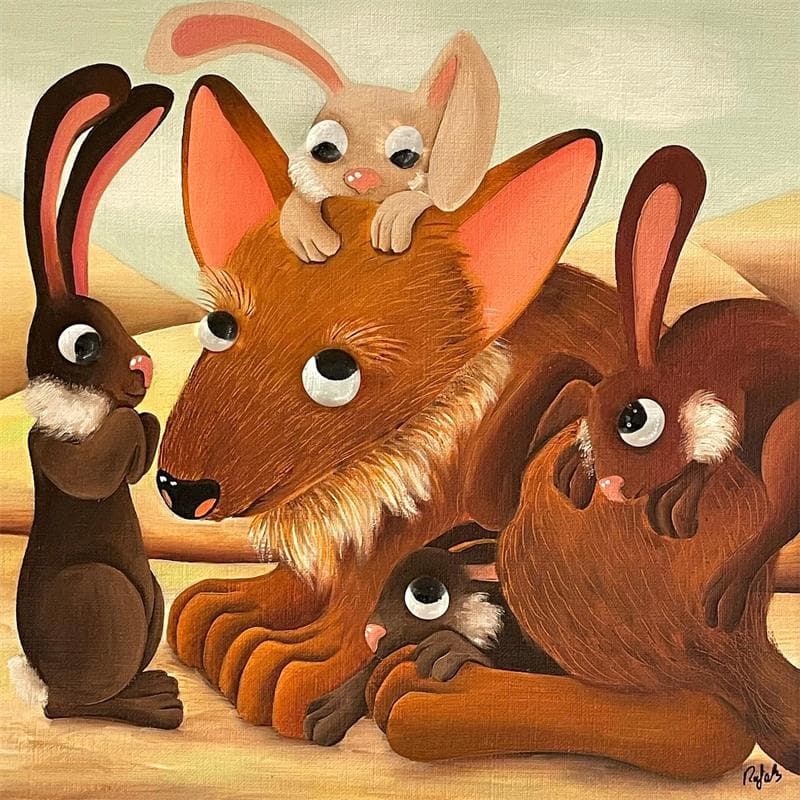 Painting BABY COYOTE AND THE RABBITS by Lennoz Raphaële | Painting Figurative Oil Pop icons, Portrait
