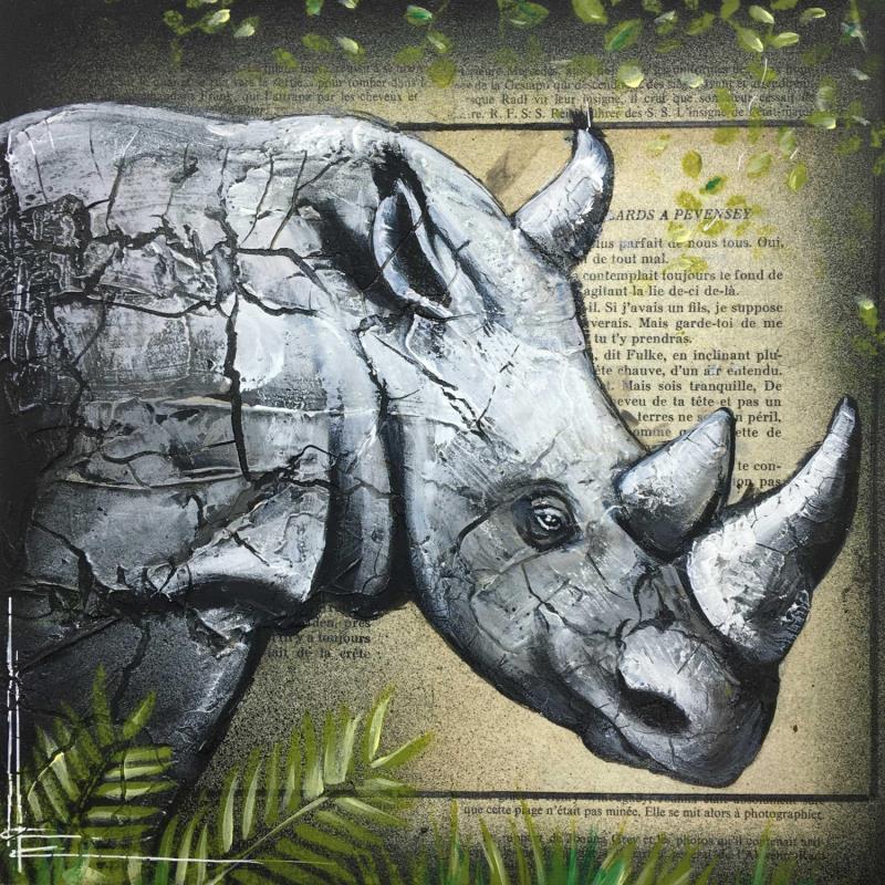 Gemälde Tête de rhinocéros von Locoge Alice | Gemälde Figurativ Tiere Acryl Collage